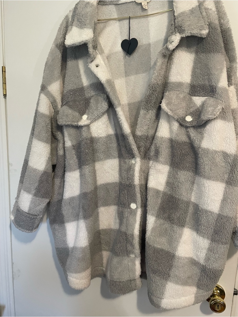 Terra & Sky Gray and White Plaid Teddy Shacket